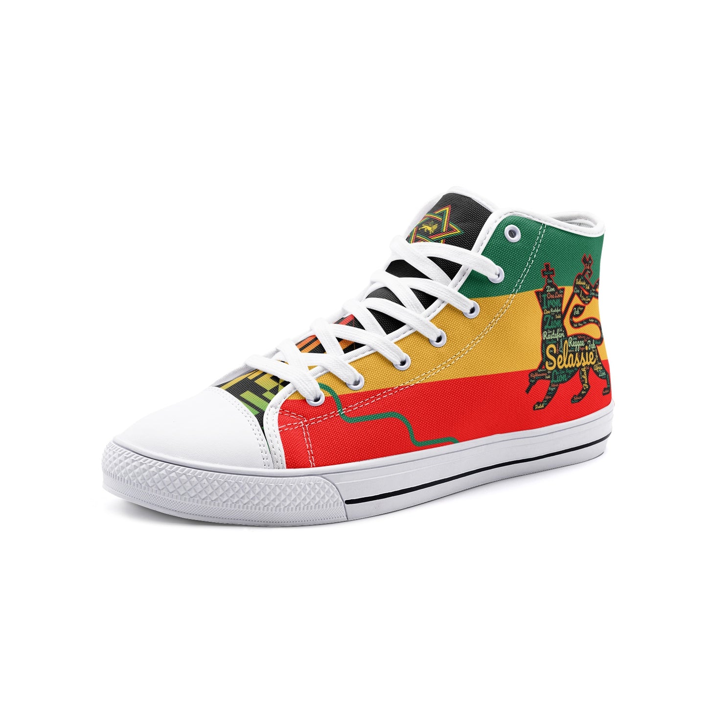 Rasta Lion of Judah Shoes with lion graphic in red/gold/green colorway