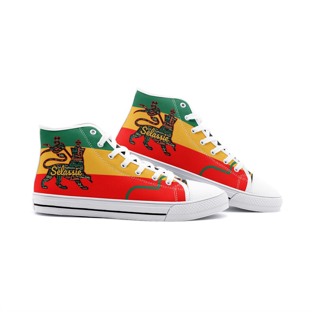 Rasta Lion of Judah Shoes with lion graphic in red/gold/green colorway