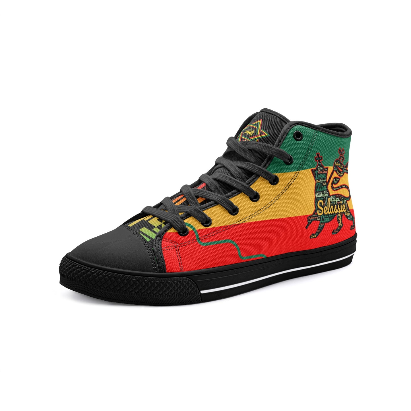 Rasta Lion of Judah Shoes with lion graphic in red/gold/green colorway