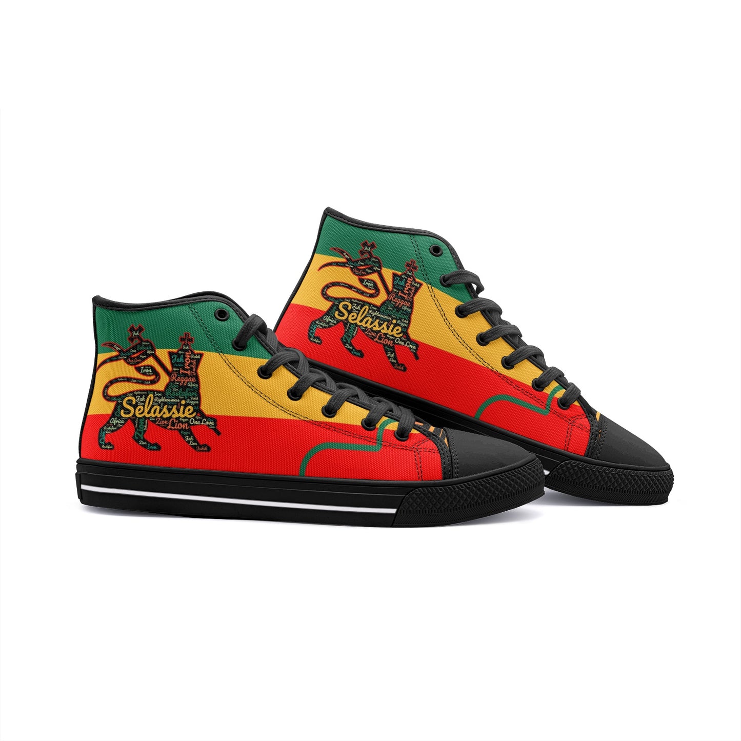 Rasta Lion of Judah Shoes with lion graphic in red/gold/green colorway