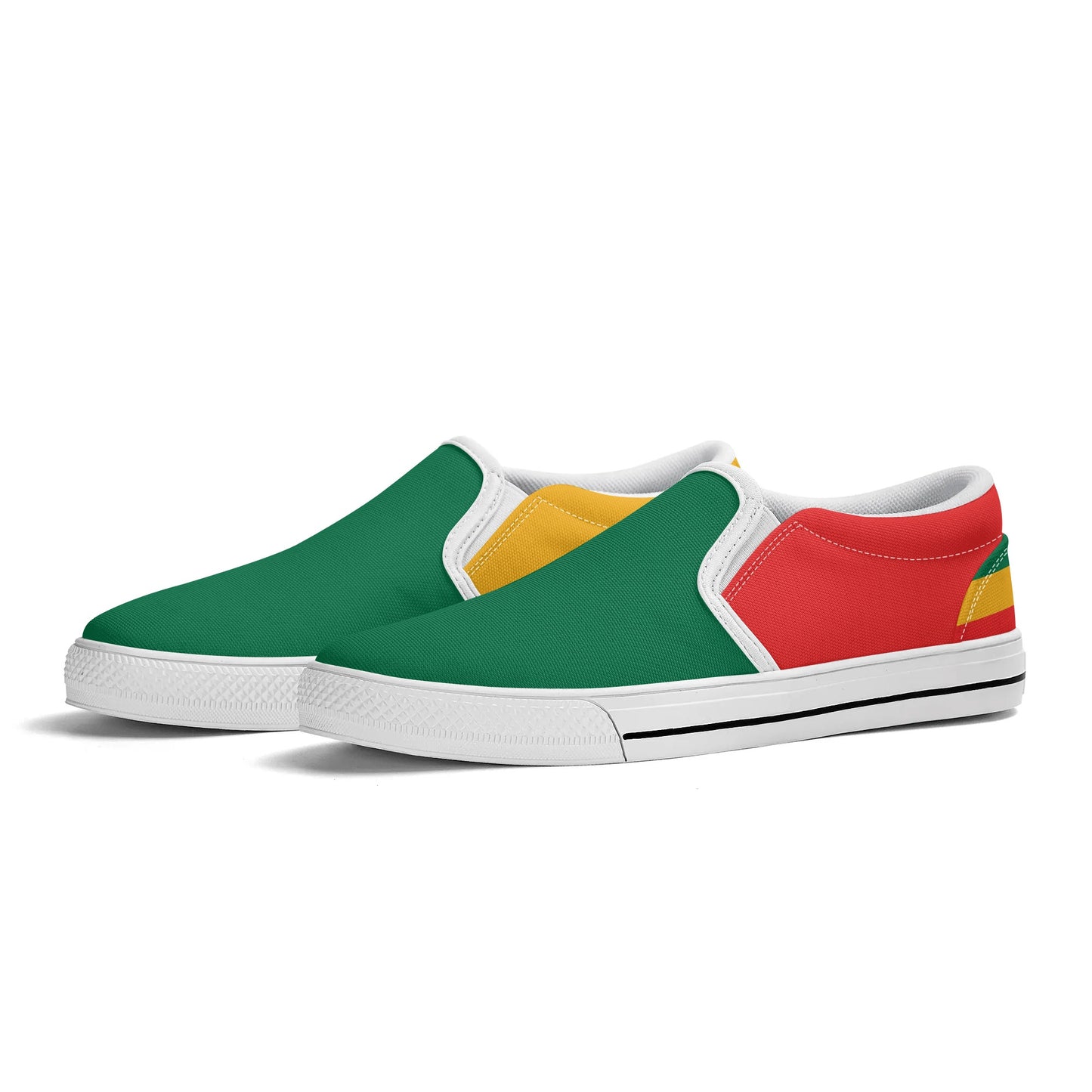Slip Ons, Slip On Shoes, Rasta Mens Shoes, Womens Rasta Shoes, Jamaican Colors Shoes on a white background as a product mockup.