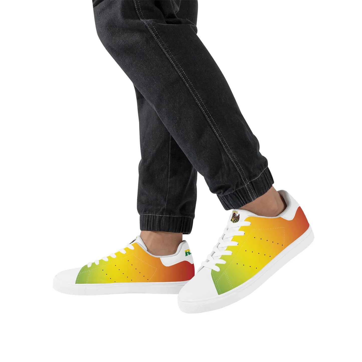 Rasta Mens Shoes, Womens Rasta Shoes, Jamaican Colors Shoes on a white background as a product mockup.