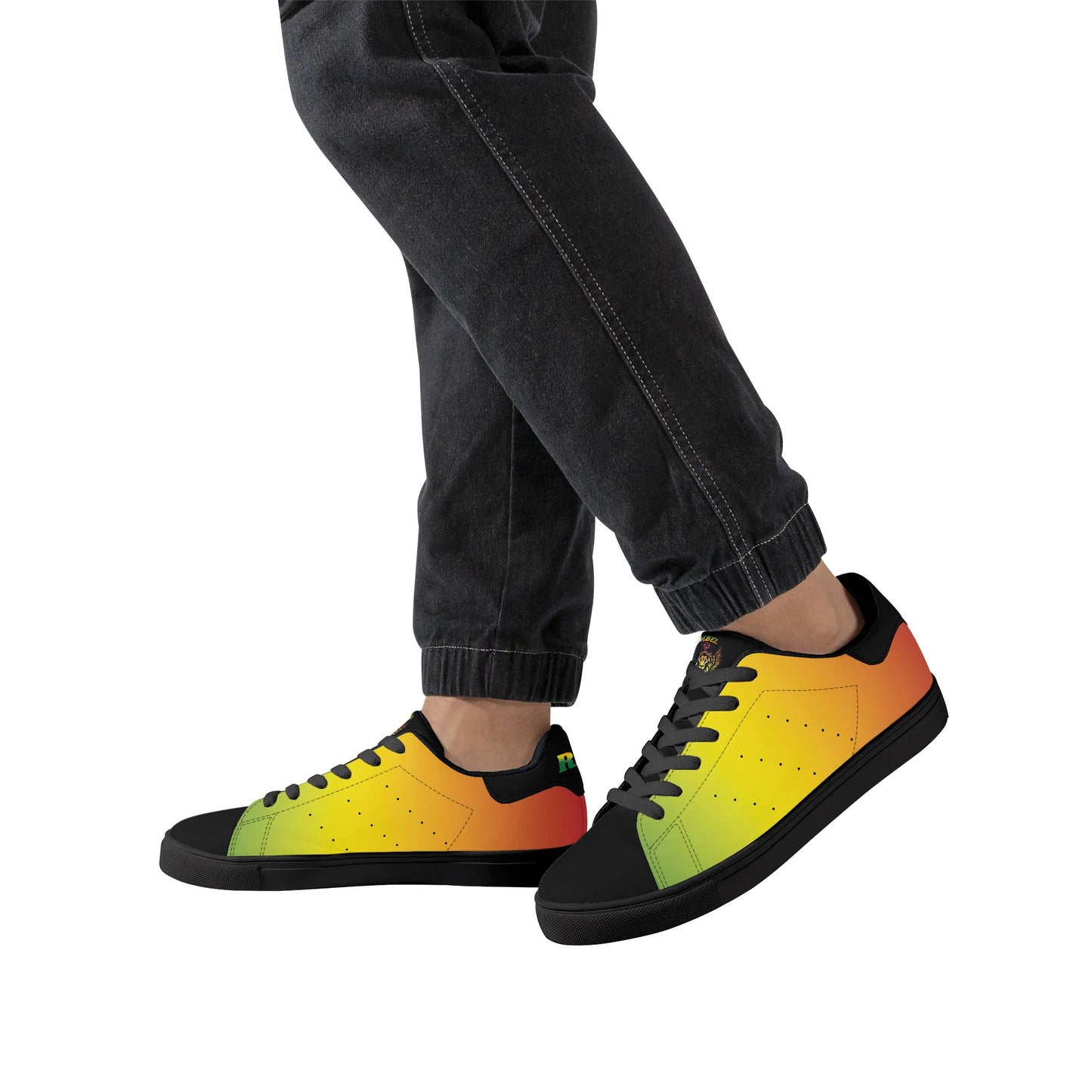 Rasta Mens Shoes, Womens Rasta Shoes, Jamaican Colors Shoes on a white background as a product mockup.
