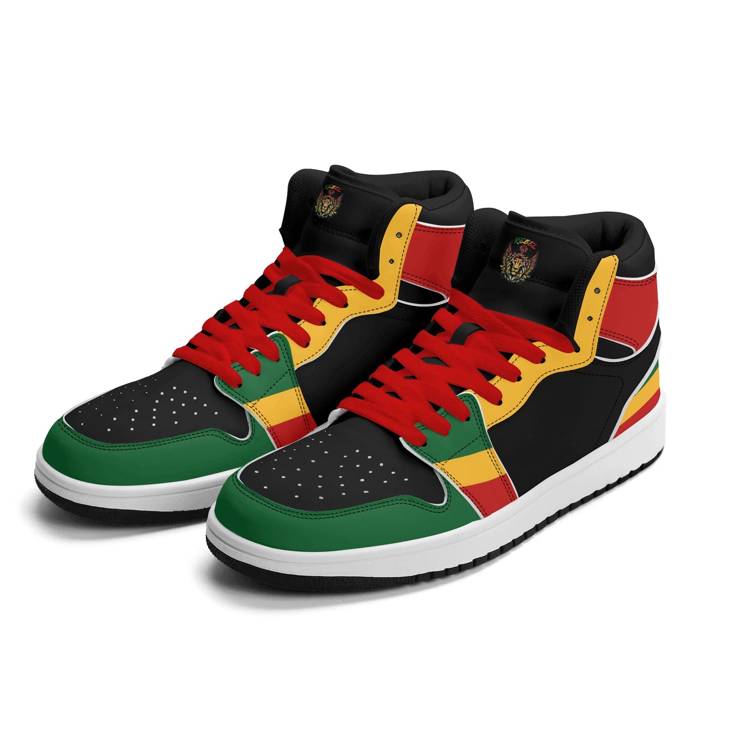 Rasta Mens Shoes, Womens Rasta Shoes, Jamaican Colors Shoes on a white background as a product mockup.