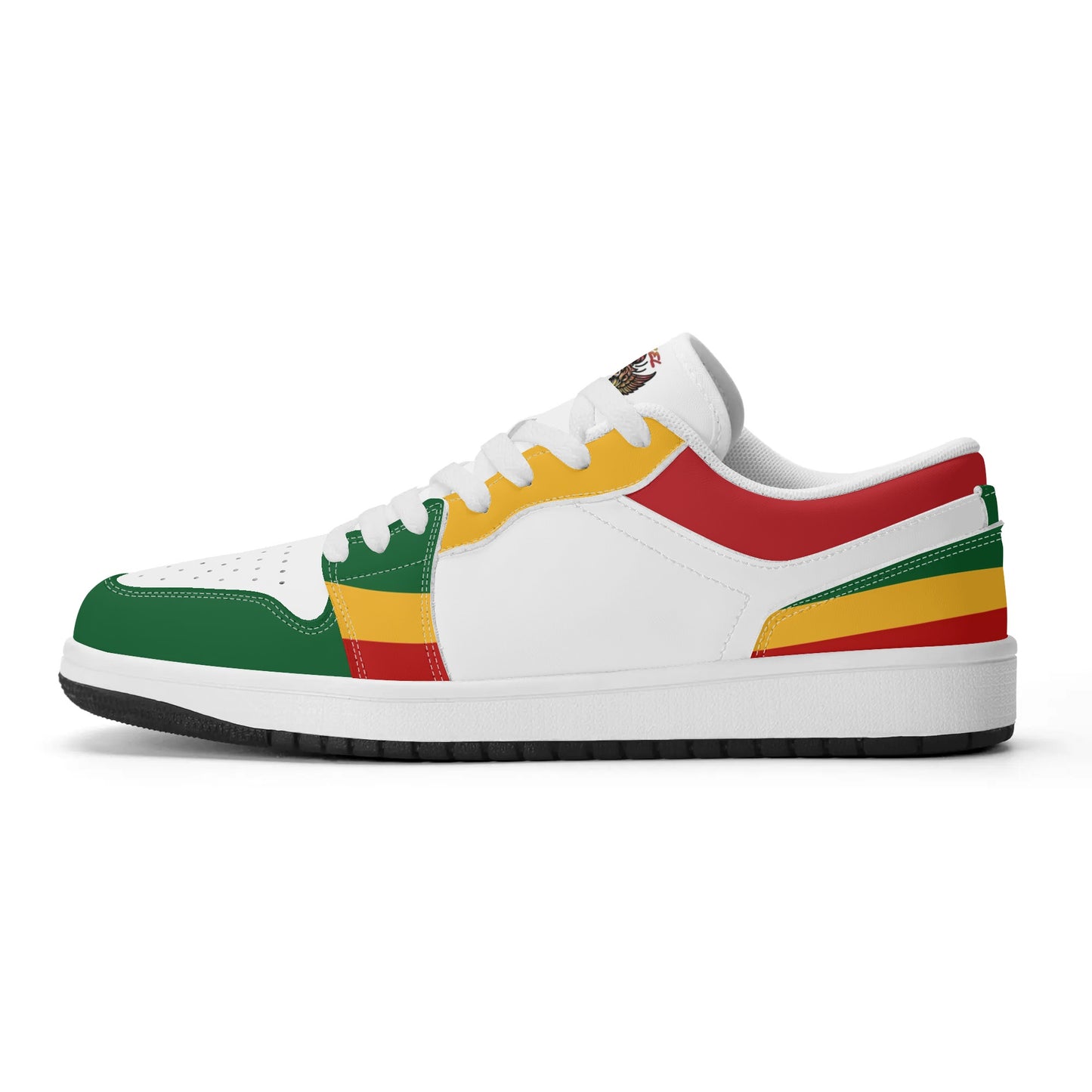 Rasta Mens Shoes, Womens Rasta Shoes, Jamaican Colors Shoes on a white background as a product mockup.