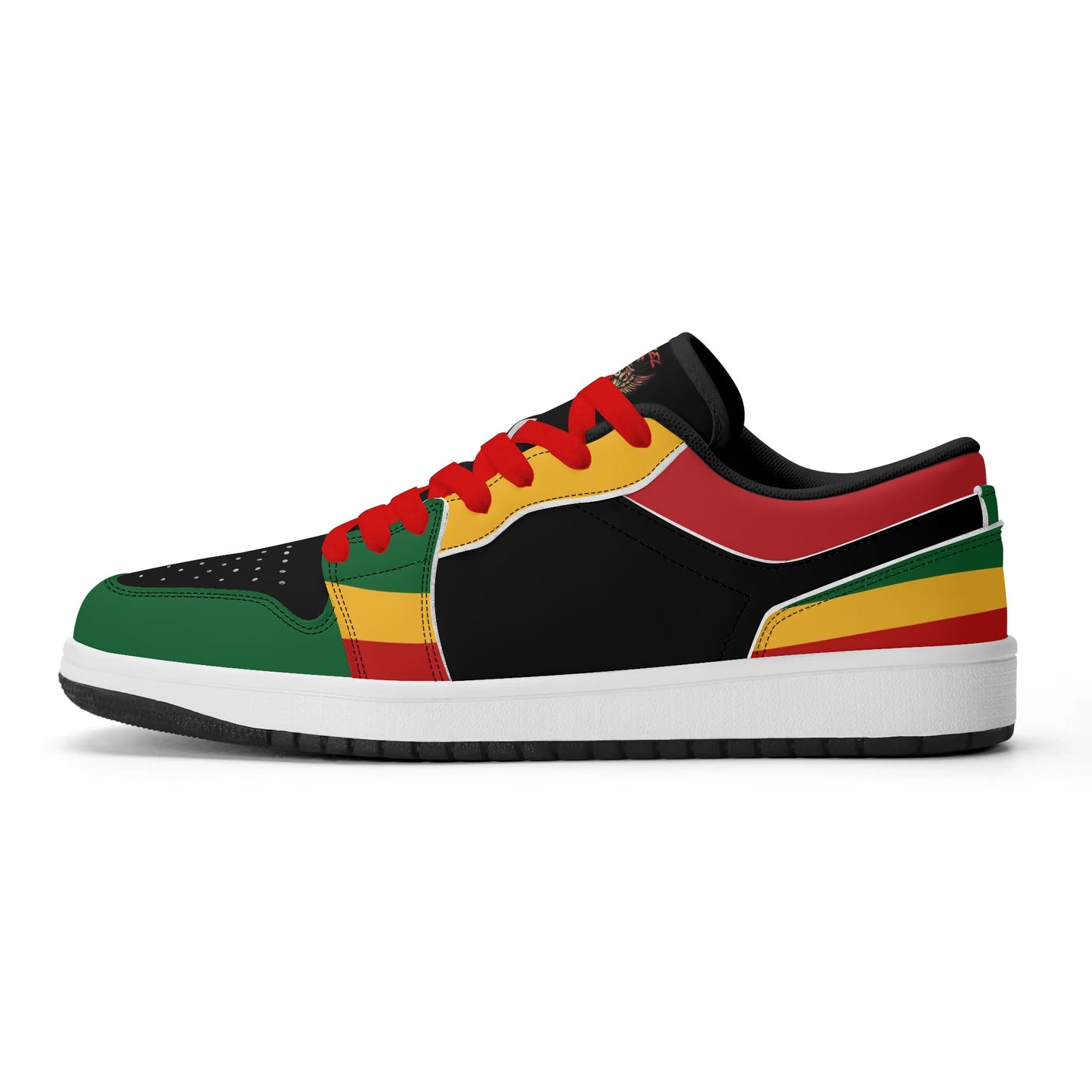 Rasta Mens Shoes, Womens Rasta Shoes, Jamaican Colors Shoes on a white background as a product mockup.