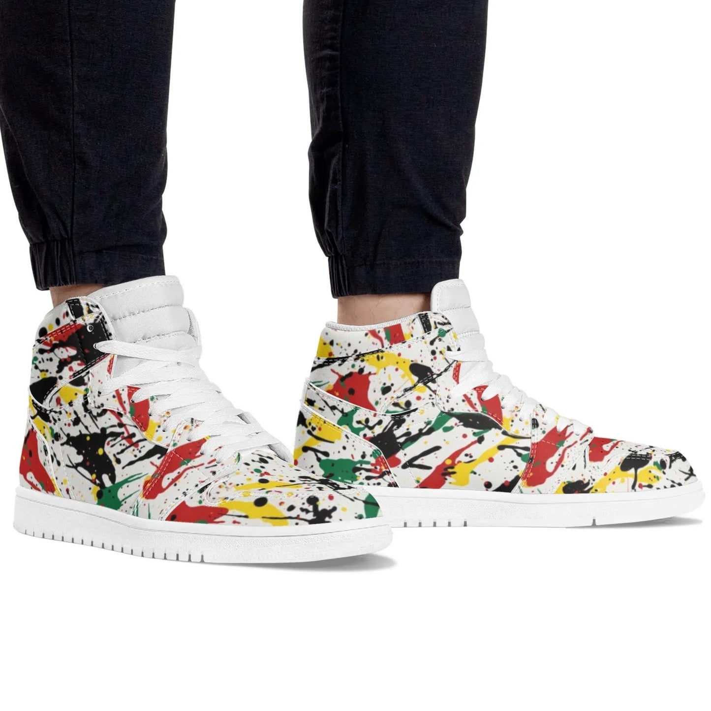 Rasta Paint Splatter Shoes in red/gold/green colorway