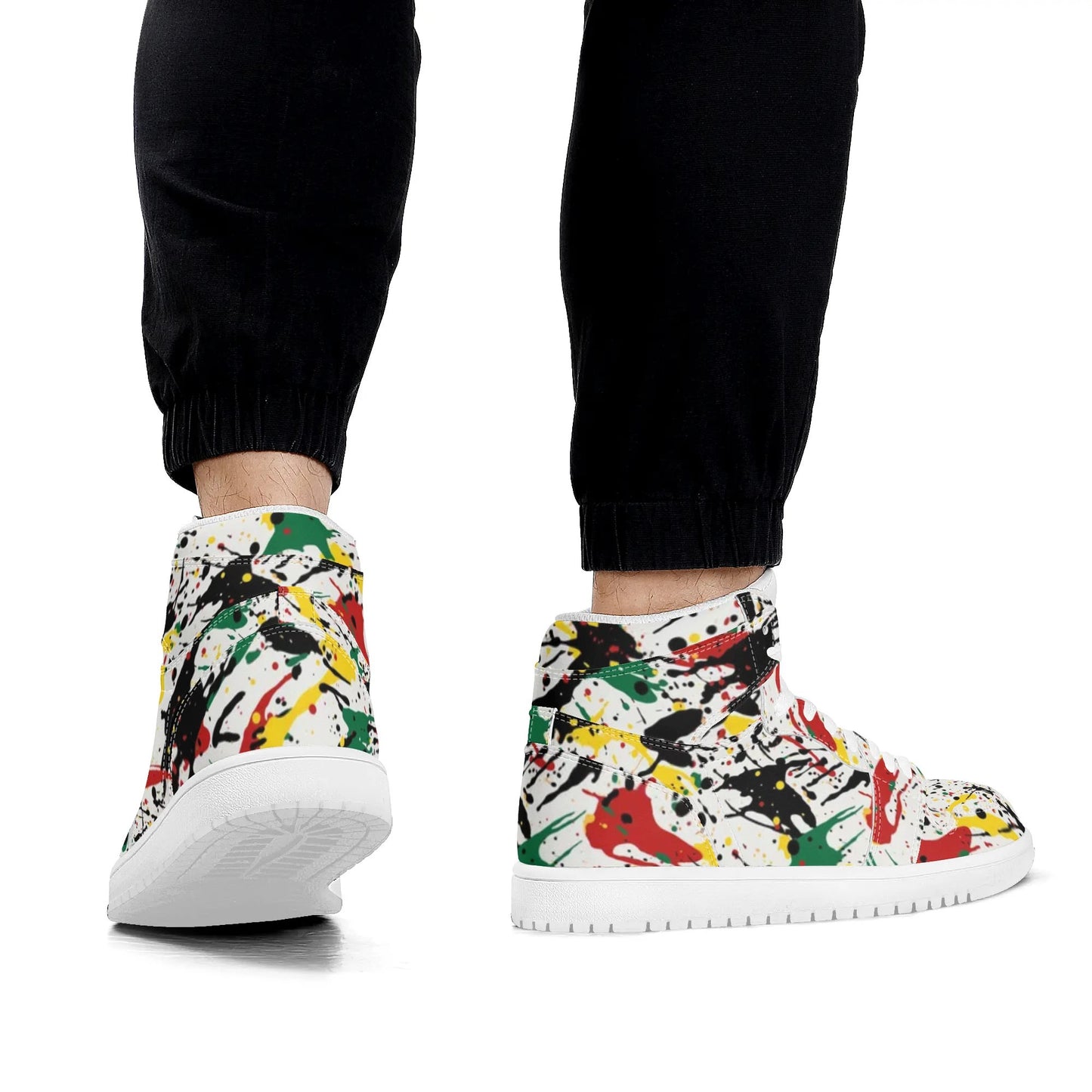 Rasta Paint Splatter Shoes in red/gold/green colorway
