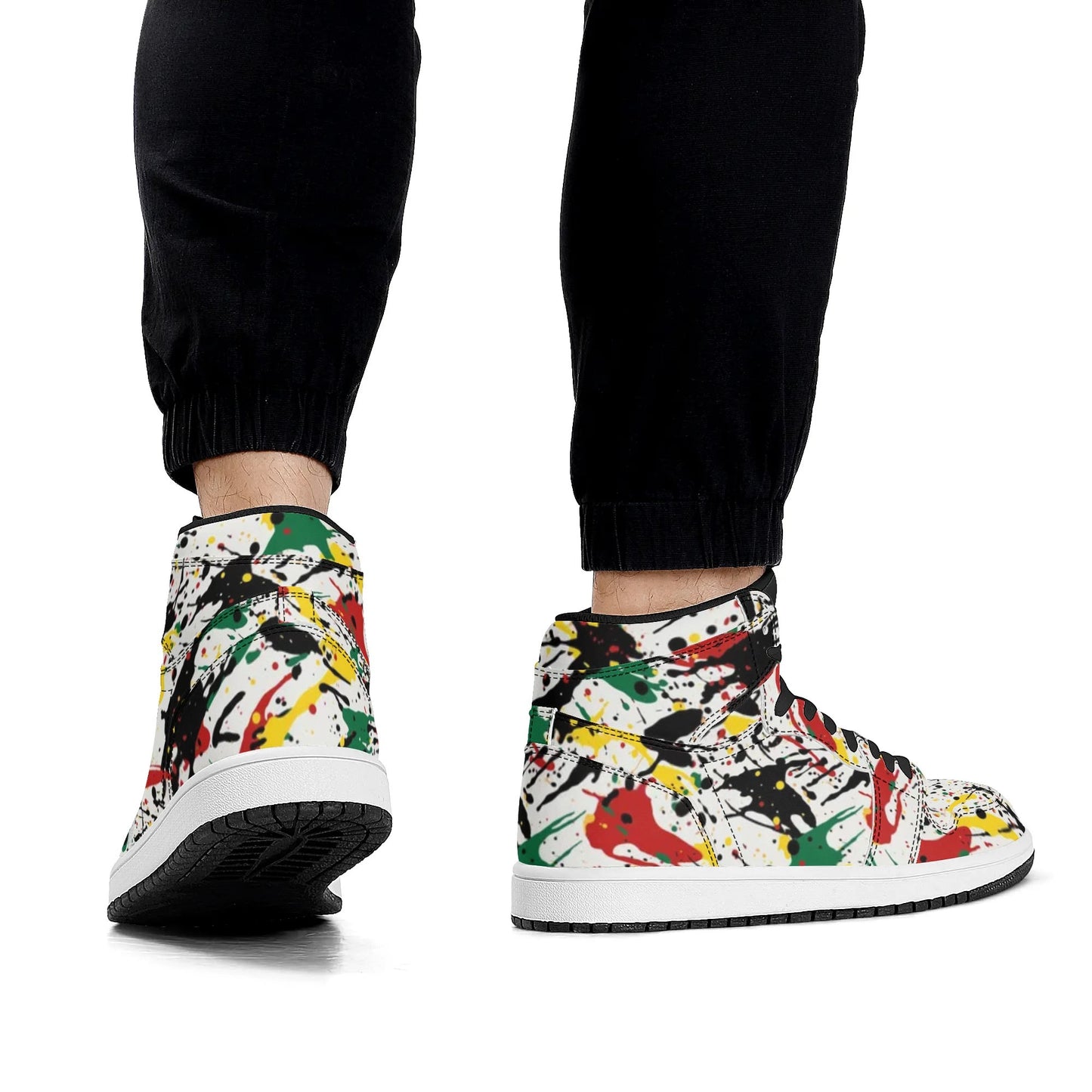 Rasta Paint Splatter Shoes in red/gold/green colorway
