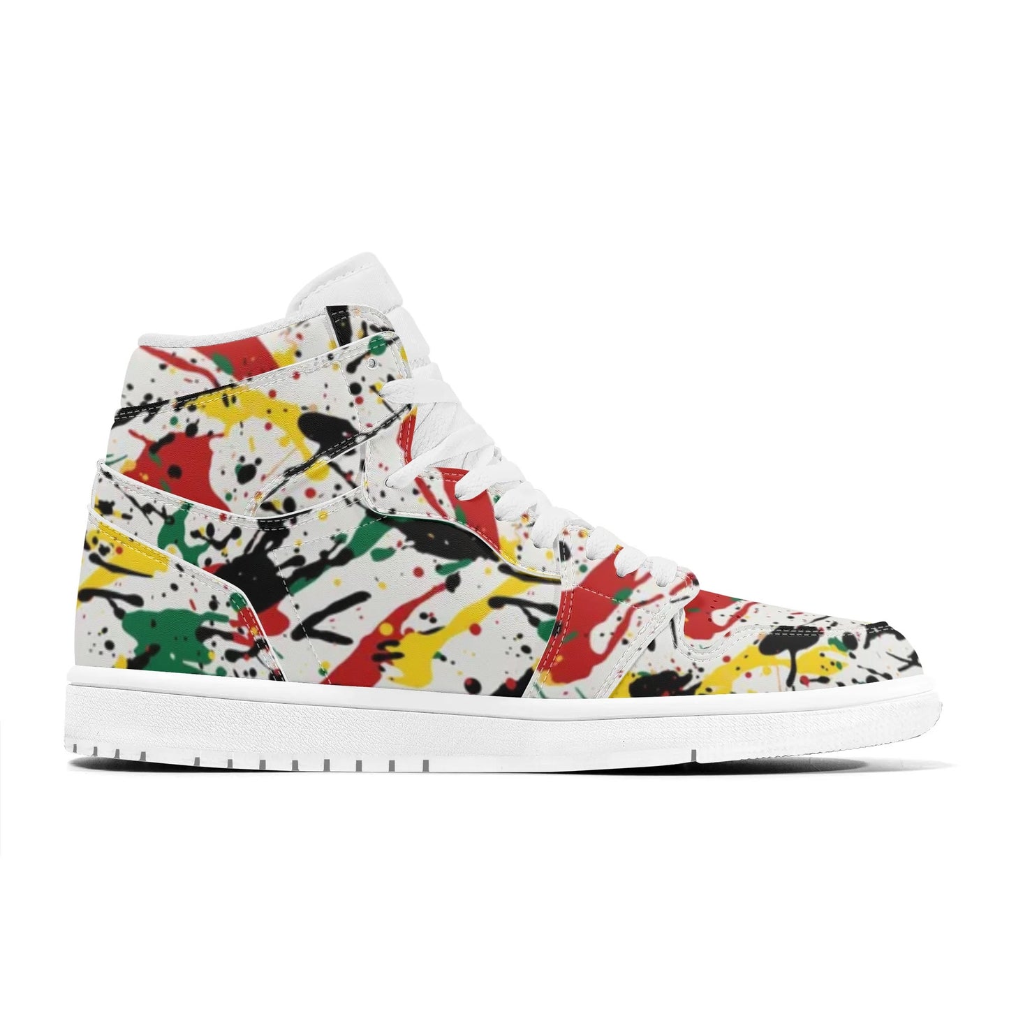 Rasta Paint Splatter Shoes in red/gold/green colorway