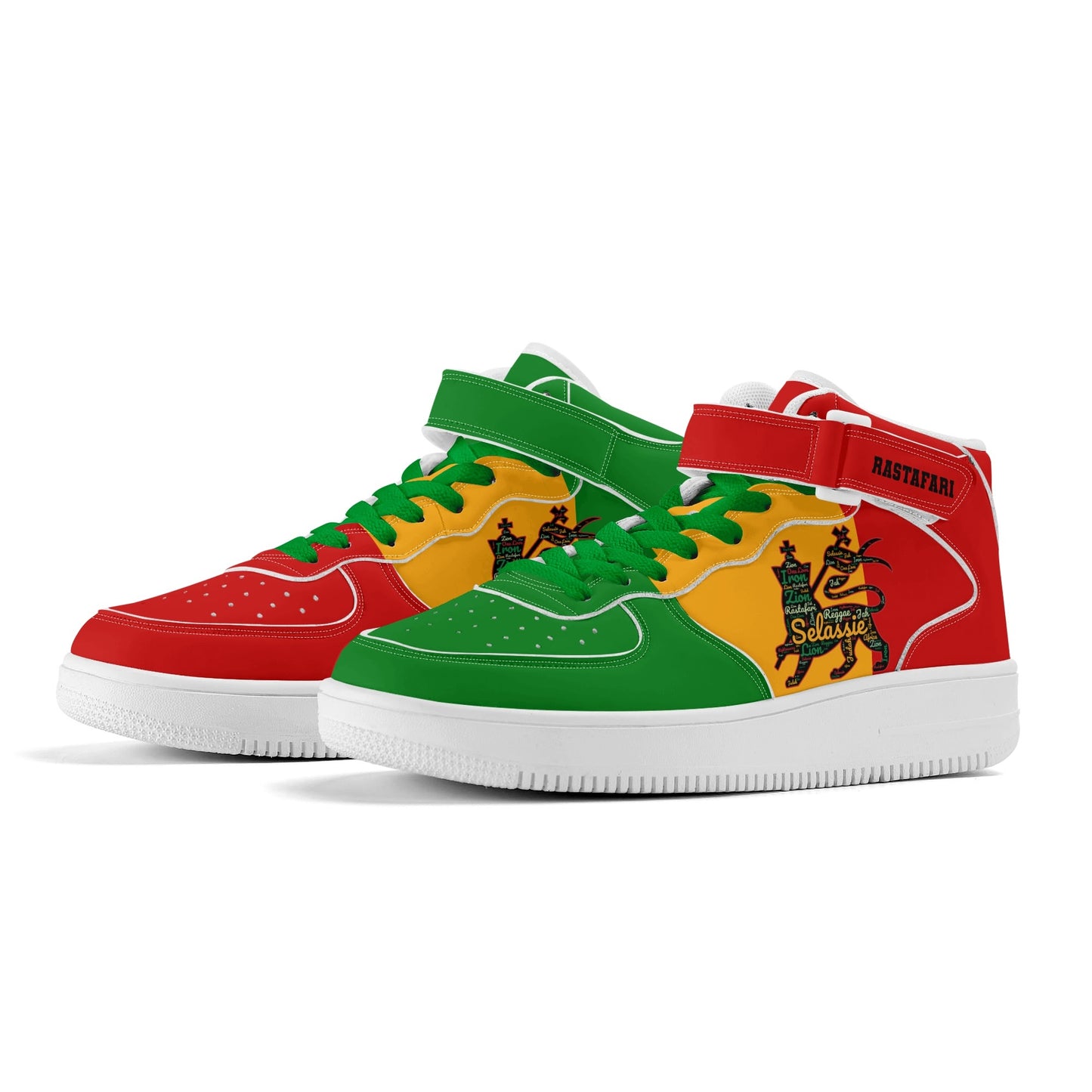 Rasta Lion Of Judah Shoes with lion graphic in red/gold/green colorway