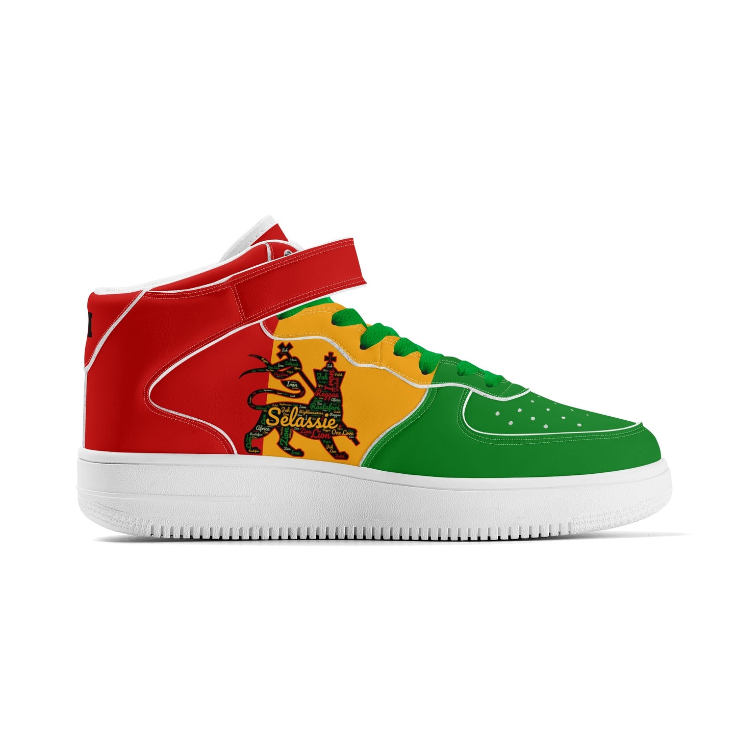 Rasta Lion Of Judah Shoes with lion graphic in red/gold/green colorway