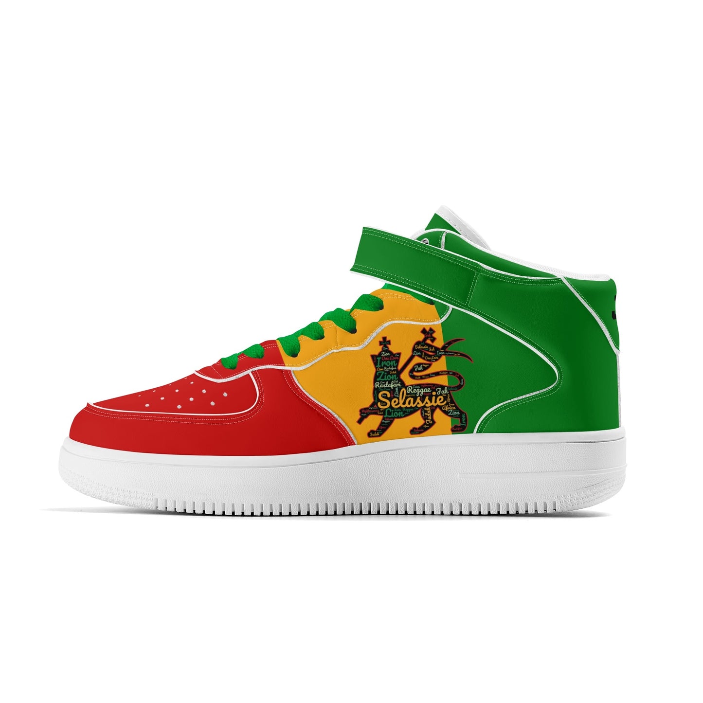 Rasta Lion Of Judah Shoes with lion graphic in red/gold/green colorway