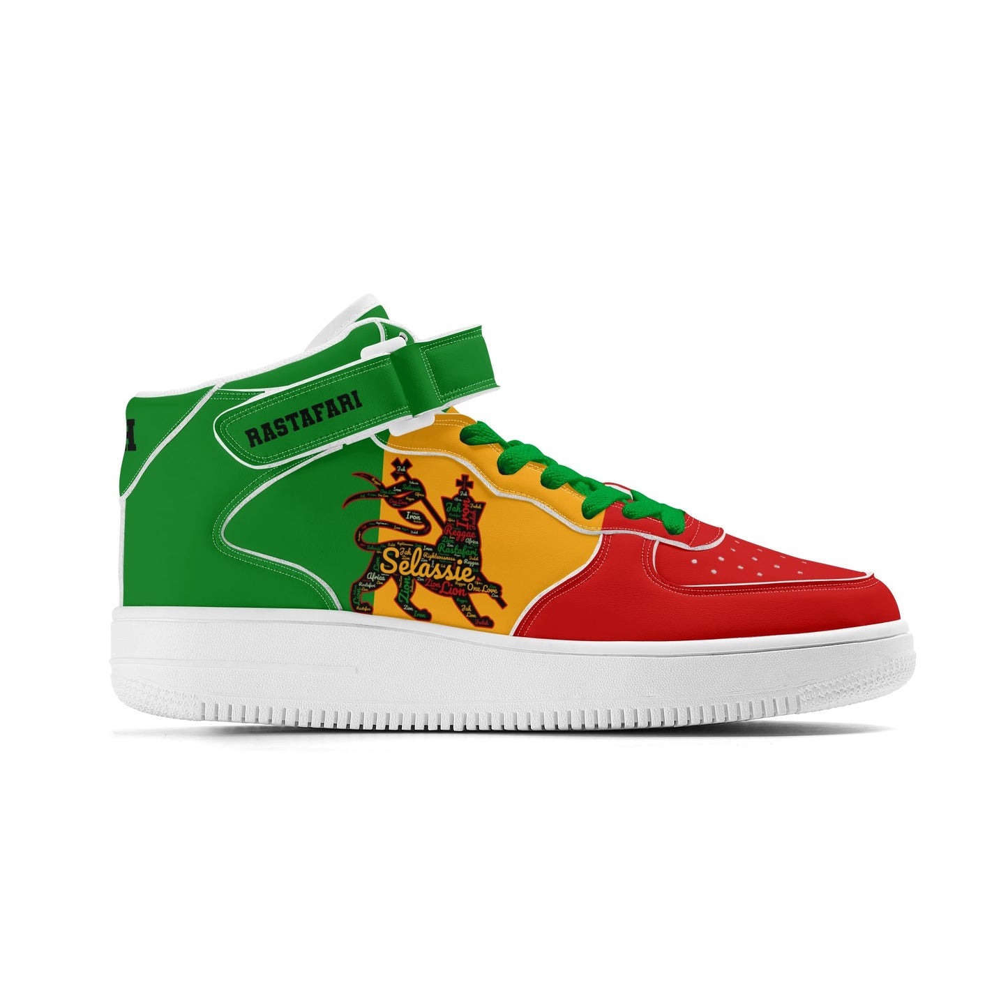 Rasta Lion Of Judah Shoes with lion graphic in red/gold/green colorway