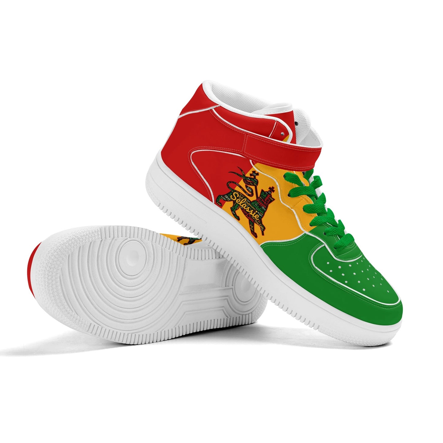 Rasta Lion Of Judah Shoes with lion graphic in red/gold/green colorway