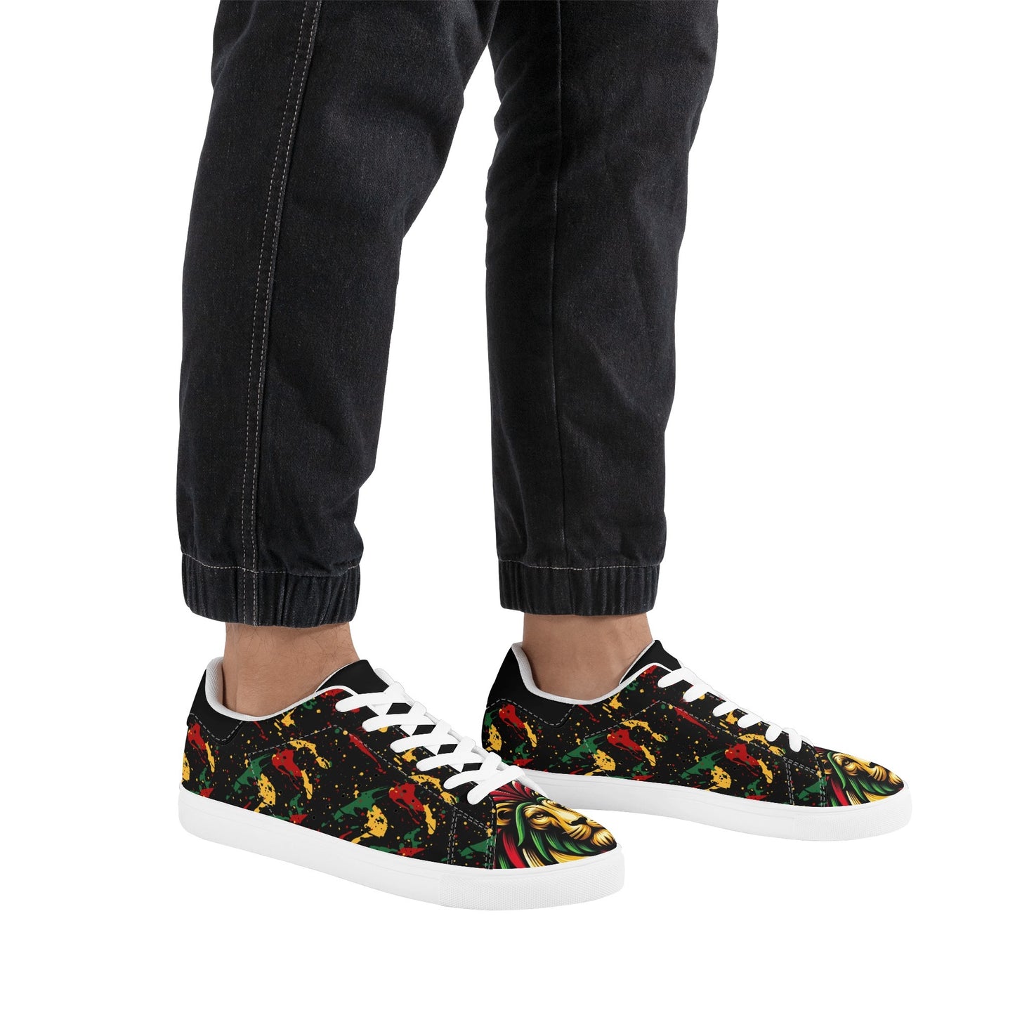 Rasta Lion Splatter Shoes with lion graphic in red/gold/green colorway