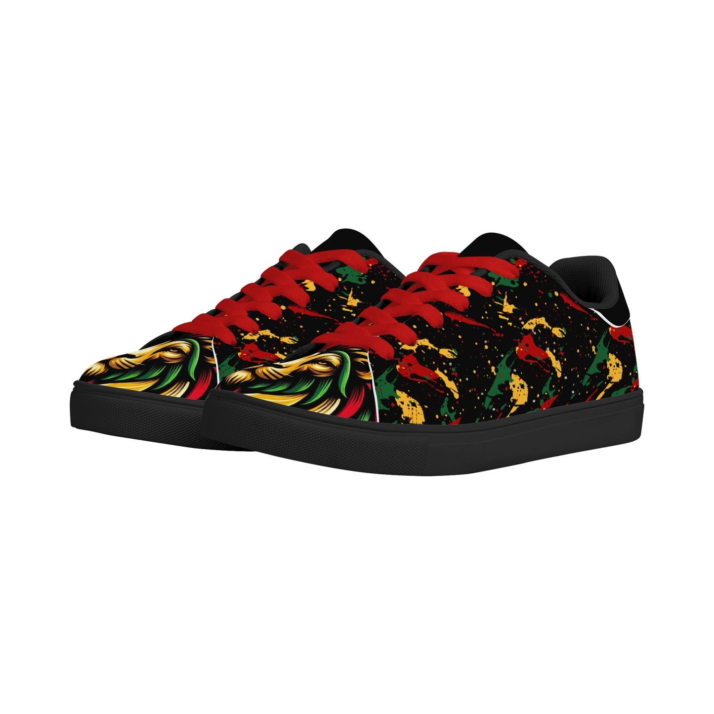 Rasta Lion Splatter Shoes with lion graphic in red/gold/green colorway