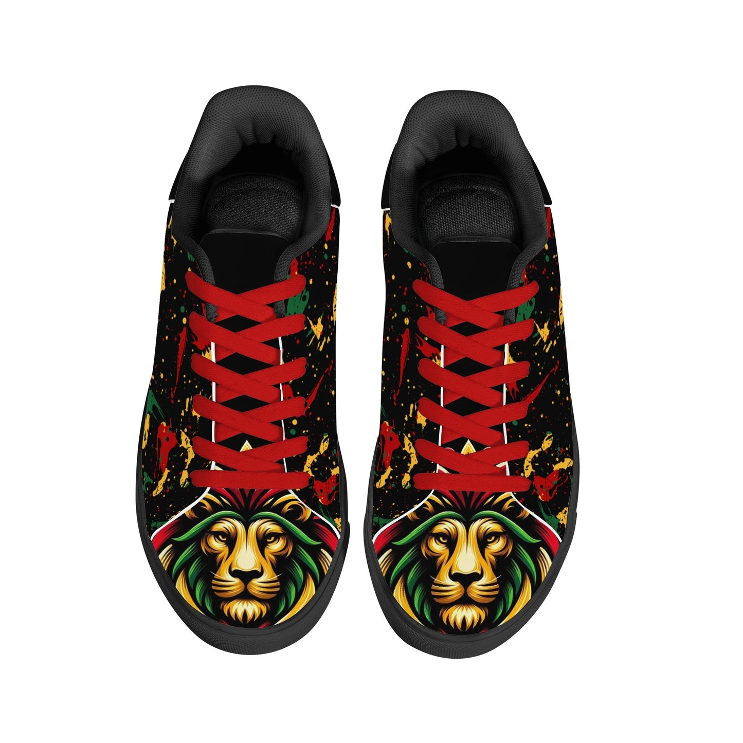 Rasta Lion Splatter Shoes with lion graphic in red/gold/green colorway
