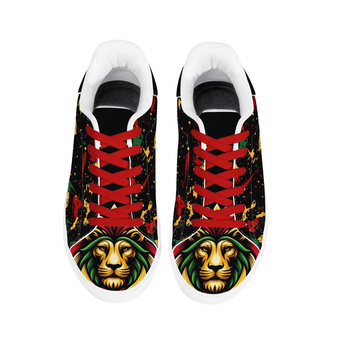 Rasta Lion Splatter Shoes with lion graphic in red/gold/green colorway