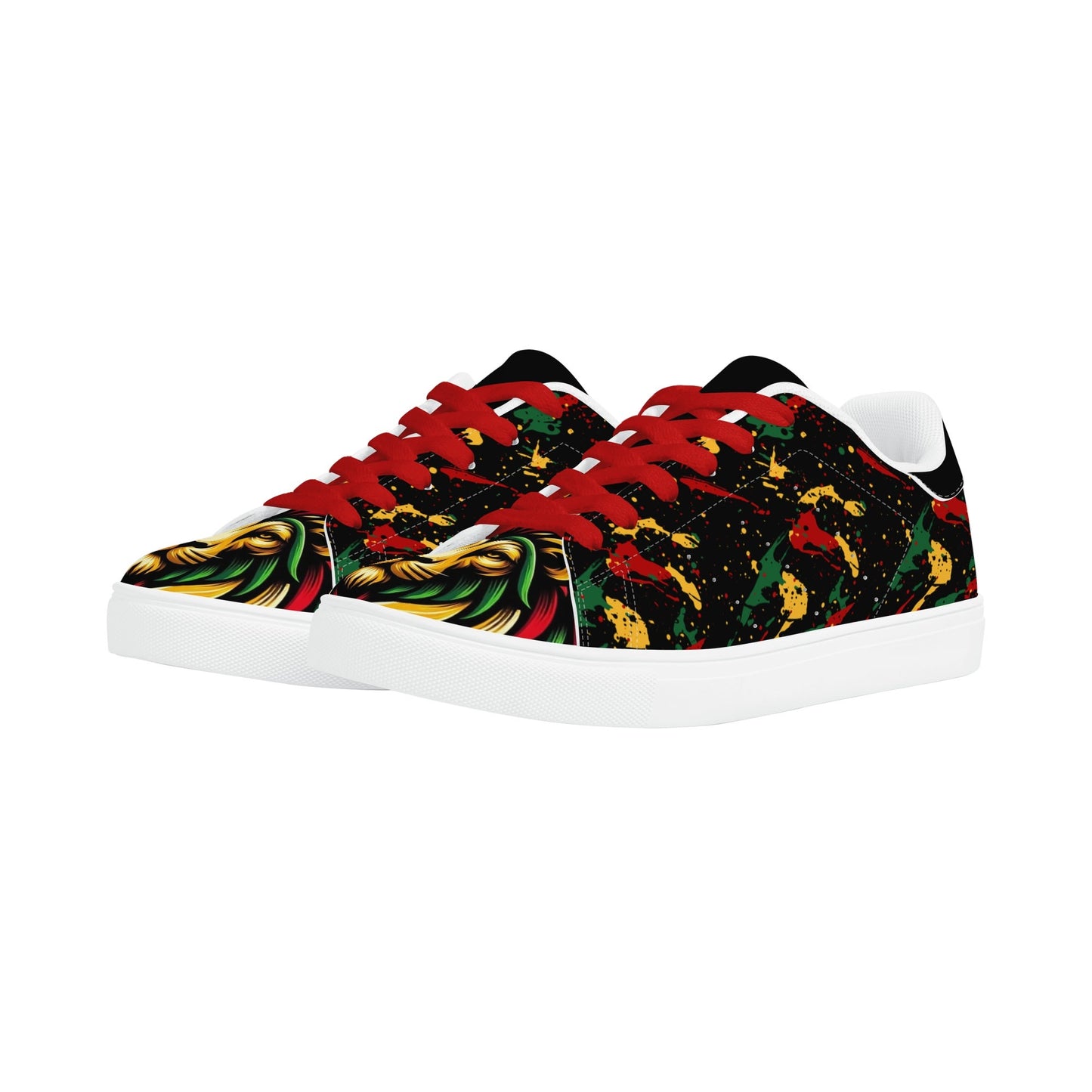 Rasta Lion Splatter Shoes with lion graphic in red/gold/green colorway
