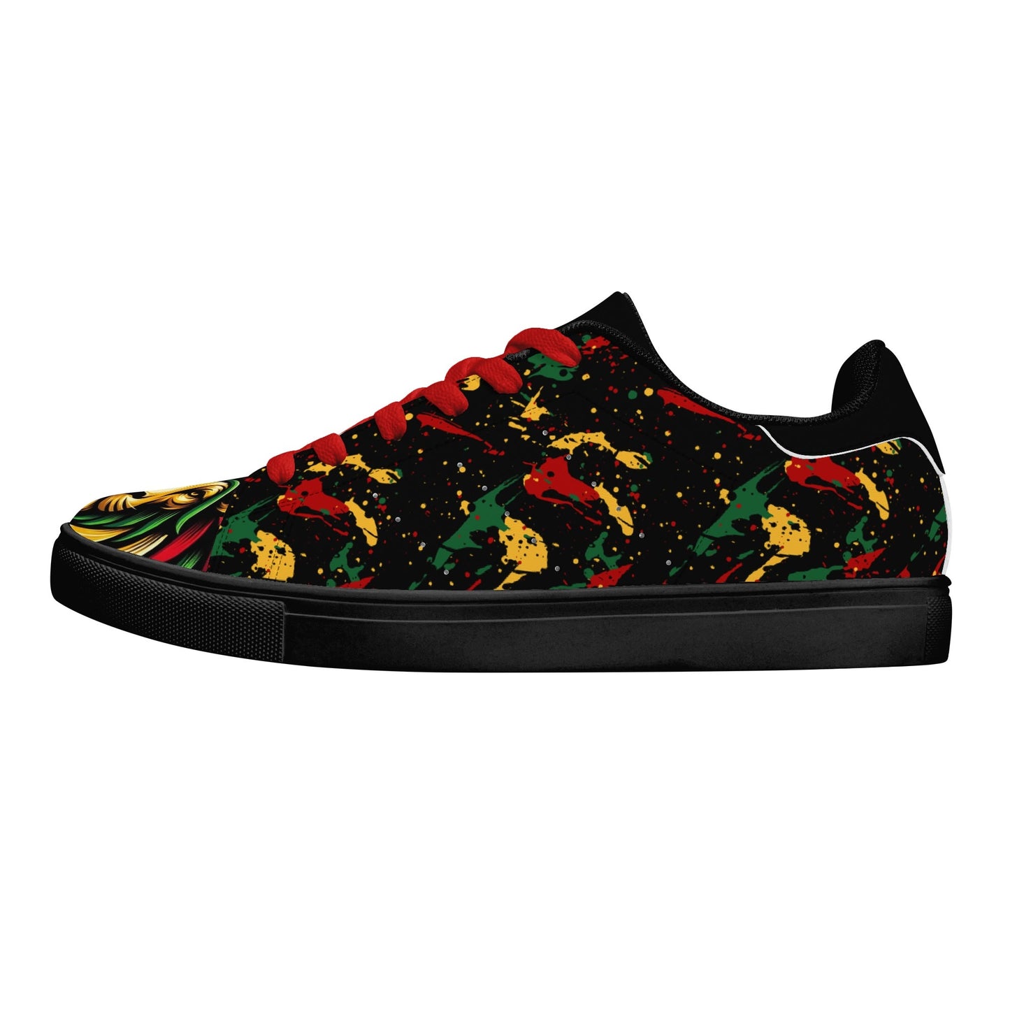 Rasta Lion Splatter Shoes with lion graphic in red/gold/green colorway