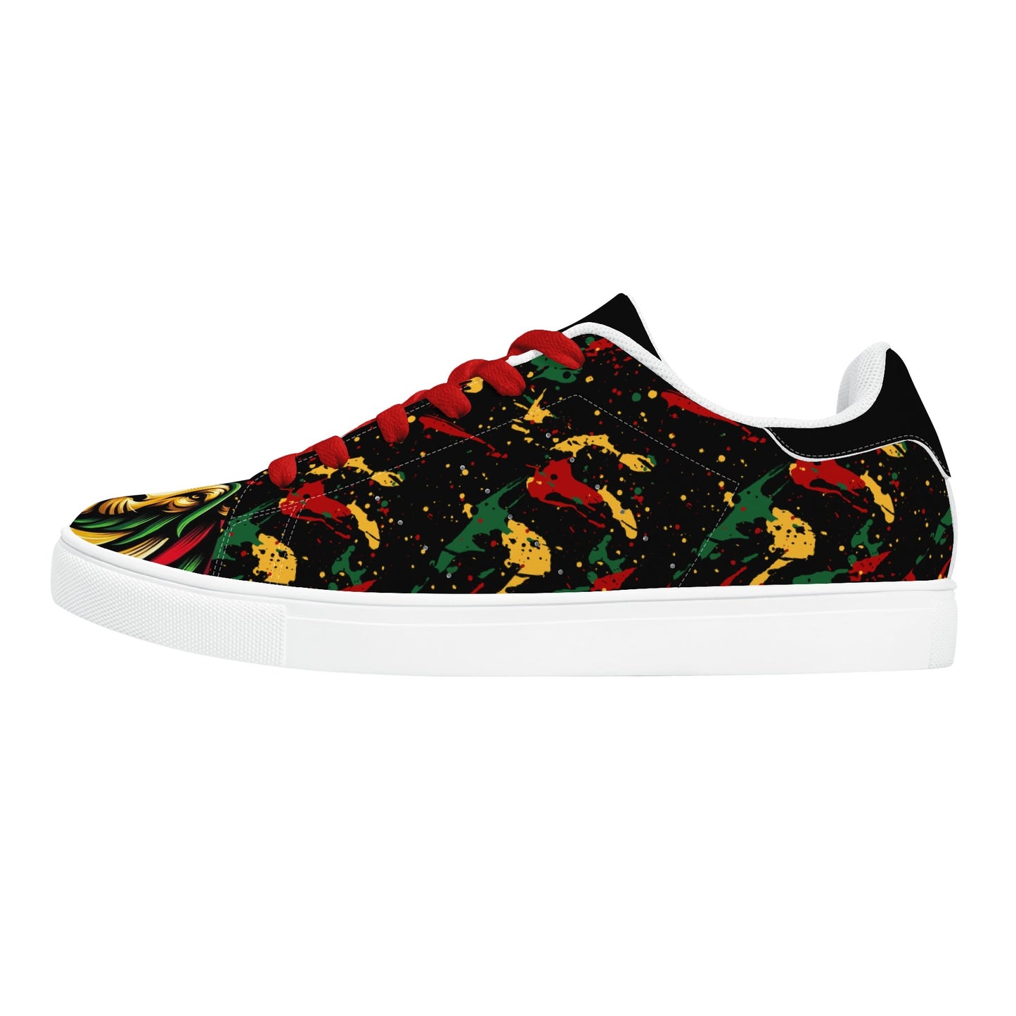 Rasta Lion Splatter Shoes with lion graphic in red/gold/green colorway