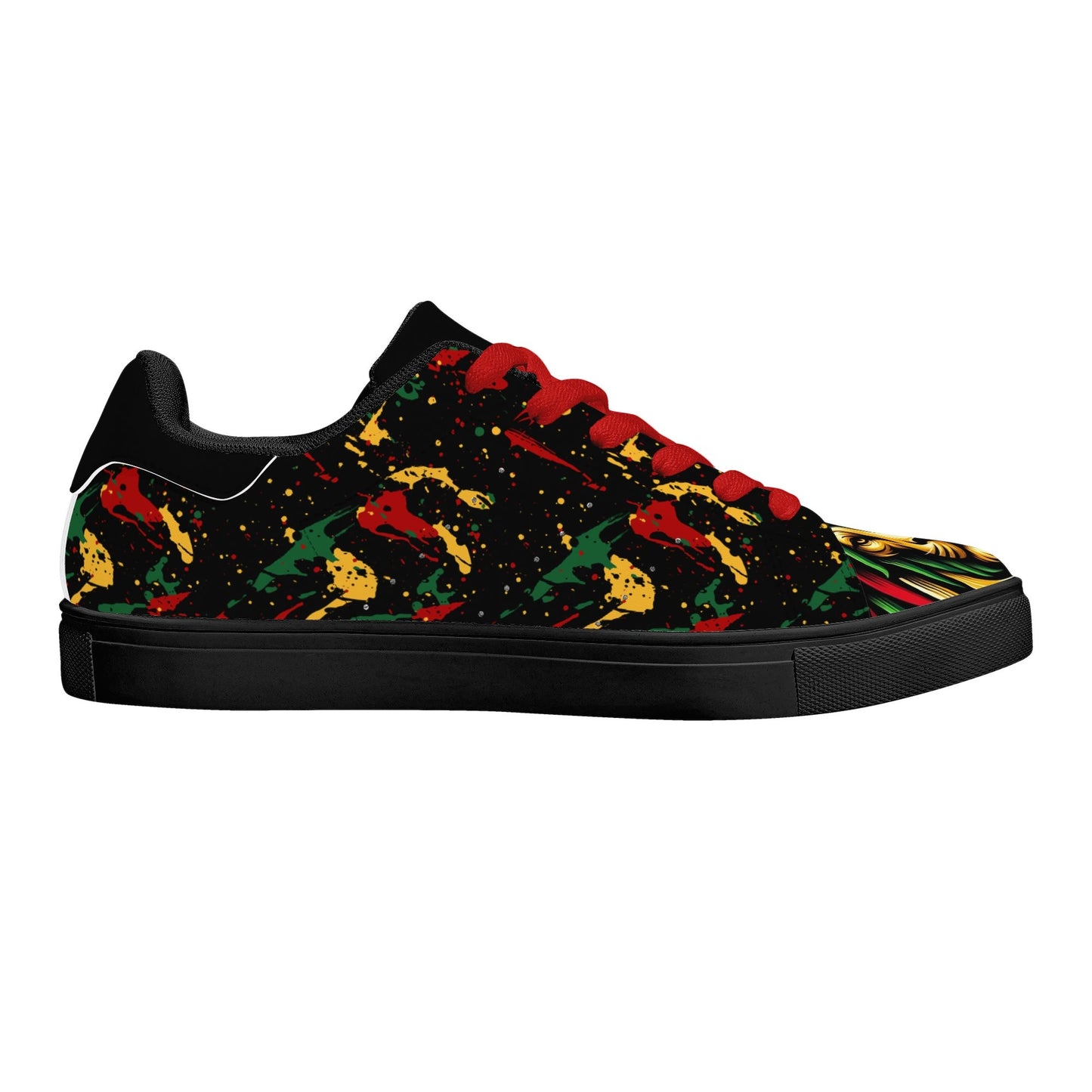 Rasta Lion Splatter Shoes with lion graphic in red/gold/green colorway