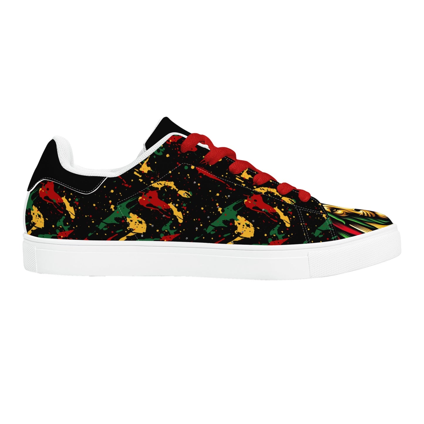 Rasta Lion Splatter Shoes with lion graphic in red/gold/green colorway