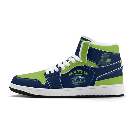 Seattle football-inspired high top sneakers in navy with all-over city graphic printed upper