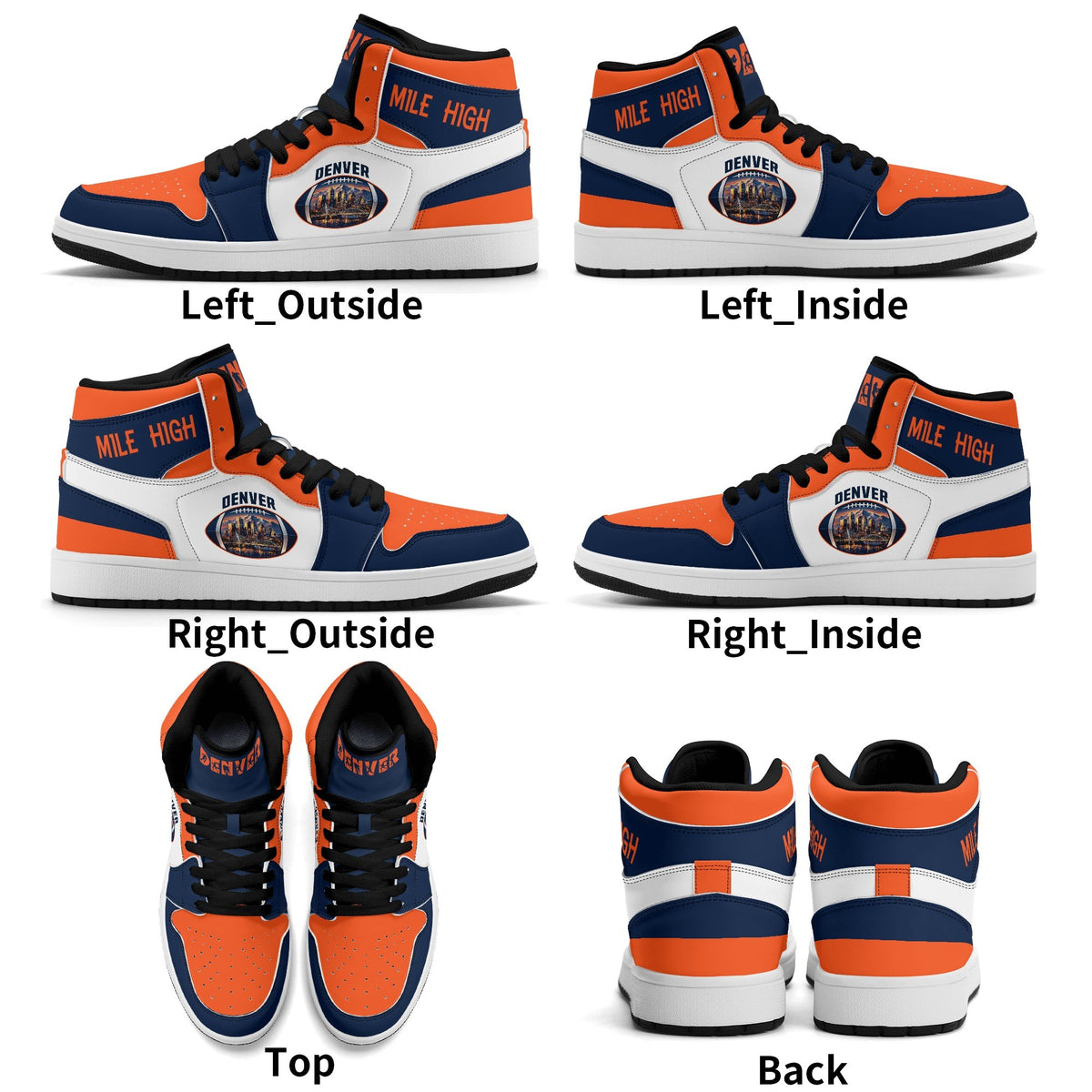 Denver football Jamrock High top sneakers in white, navy and orange with MILE HIGH collar and DENVER mountain skyline badge