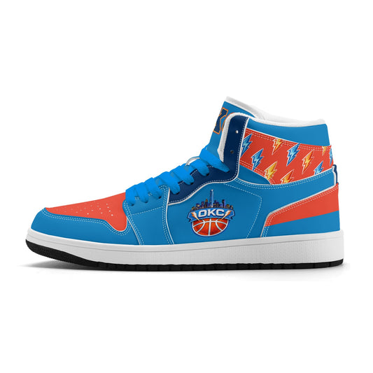 Oklahoma City basketball-inspired high top sneakers in blue with all-over city graphic printed upper