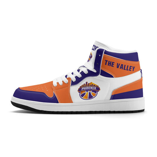 Phoenix basketball-inspired high top sneakers in white with all-over city graphic printed upper