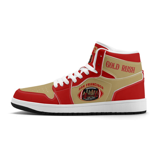 San Francisco football Jamrock High top sneakers in red and gold with GOLD RUSH collar and Golden Gate Bridge skyline badge