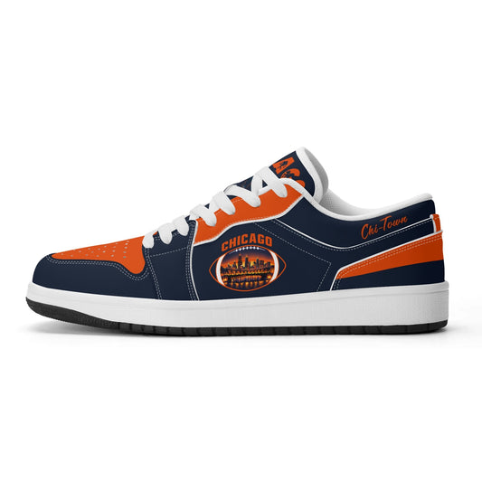 Chicago football Jamrock Low top sneakers in navy, orange with football badge with the skyline lit up at dusk