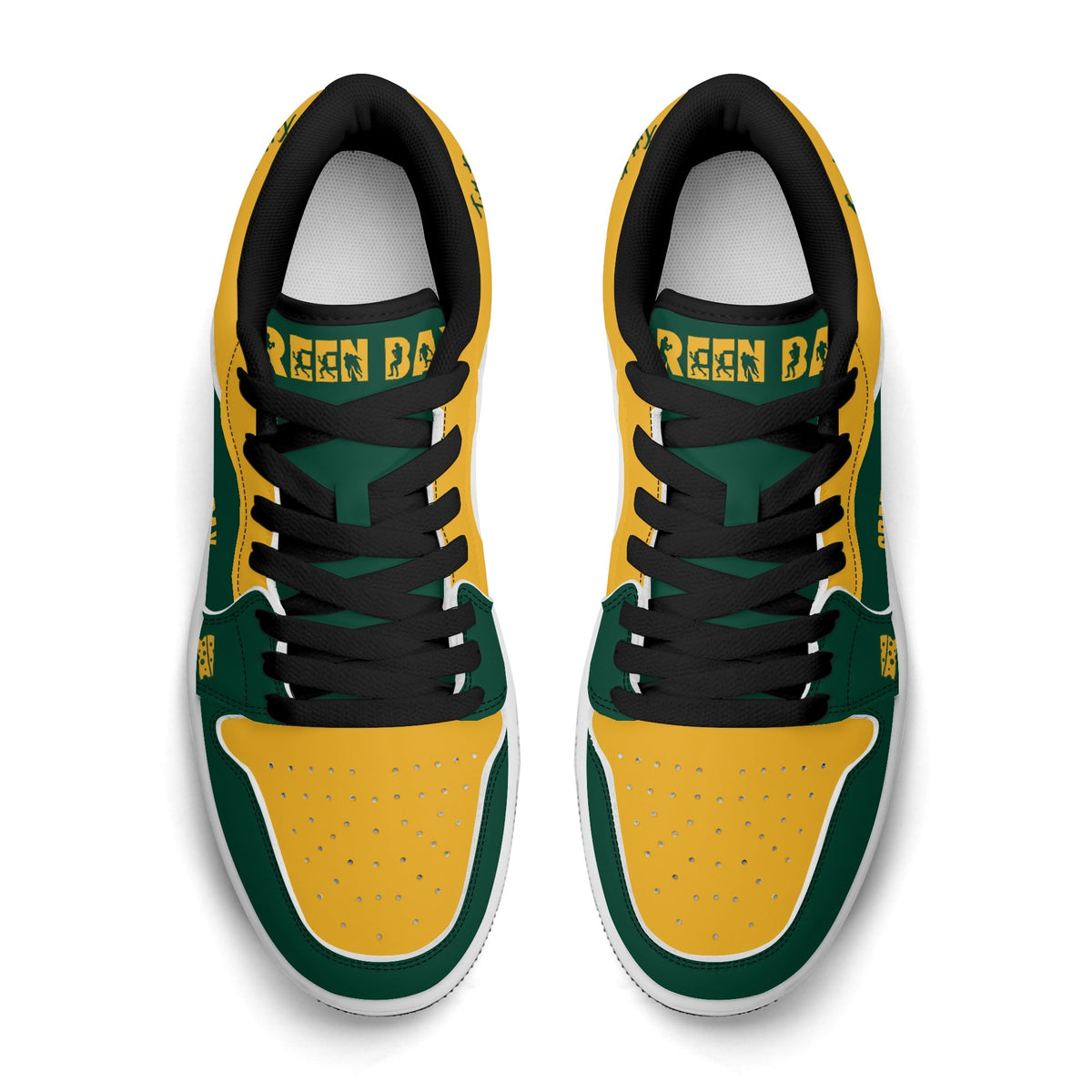 Green Bay football Jamrock Low top sneakers in green, gold, white with football badge with the city skyline over the river, plus a cheese-wedge heel icon