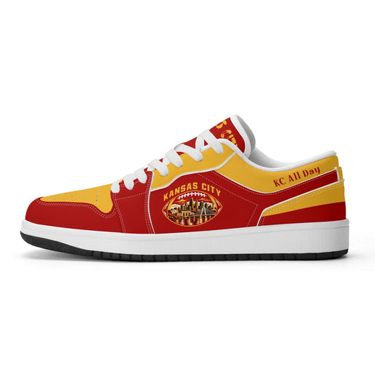 Side view of Kansas City football low tops with a skyline football badge, white laces