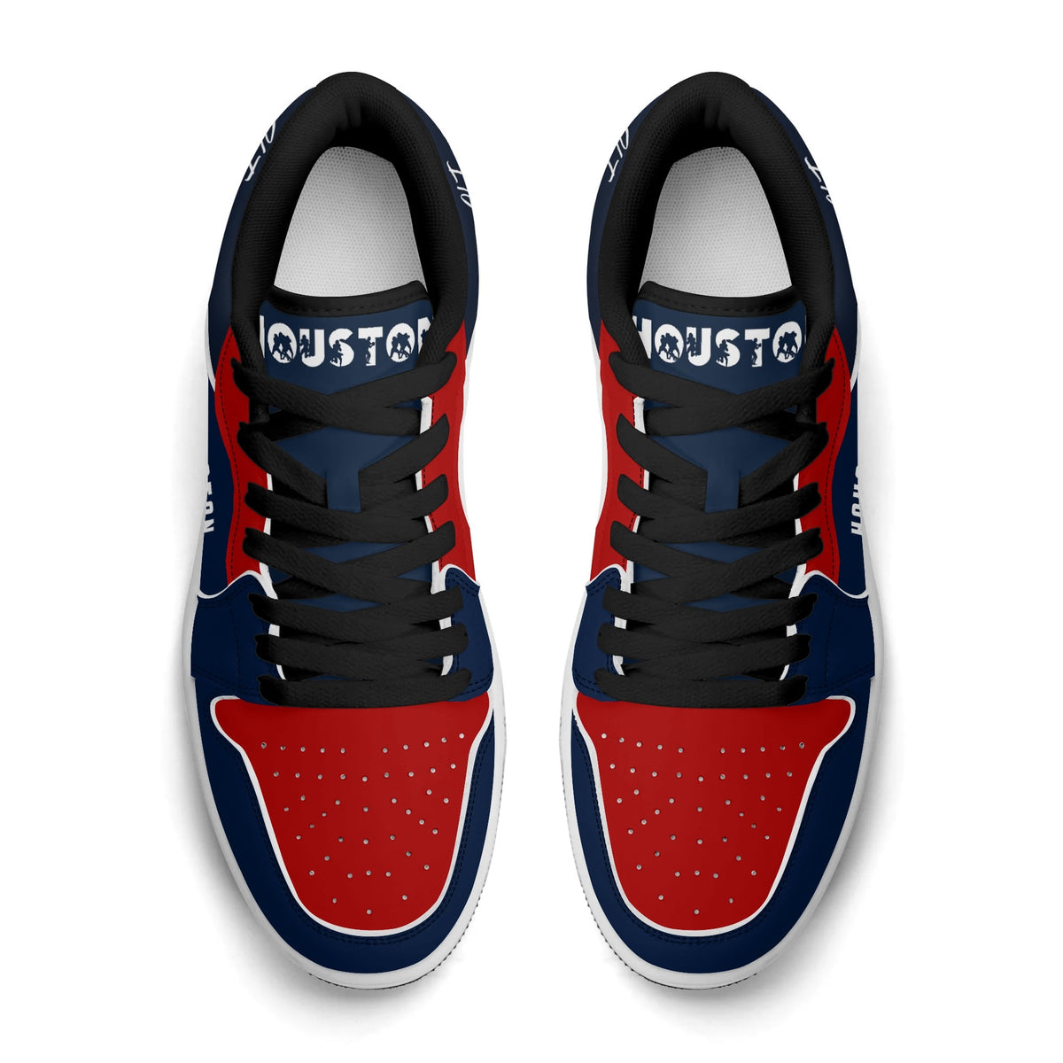 Top view of Houston football low tops with black laces and Houston on the tongue