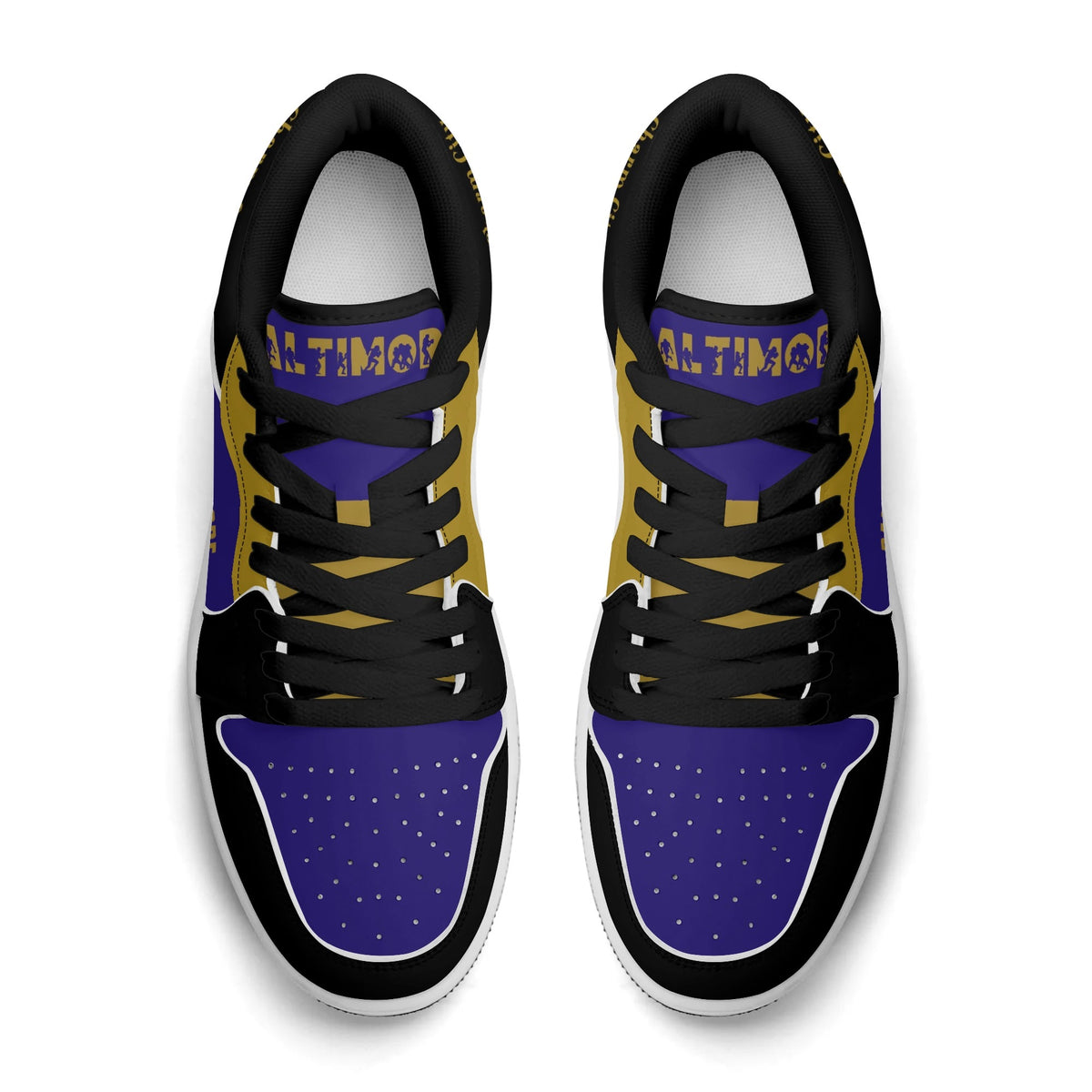 Top view of Baltimore football low tops with black laces and Baltimore on the tongue