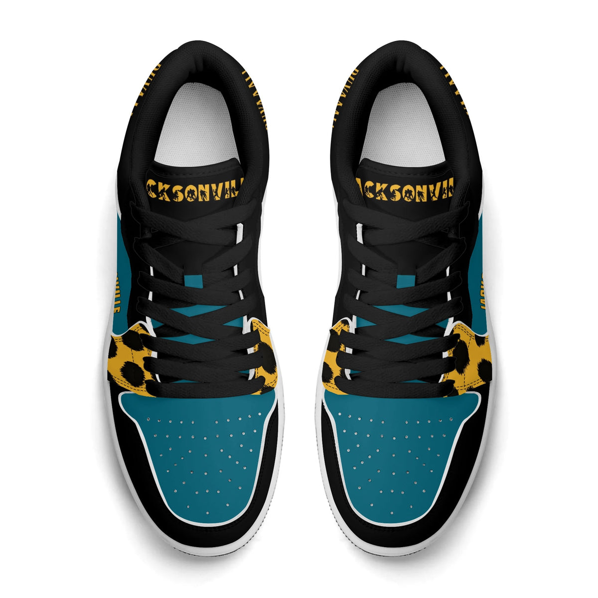 Top view of Jacksonville football low tops with black laces and Jacksonville on the tongue