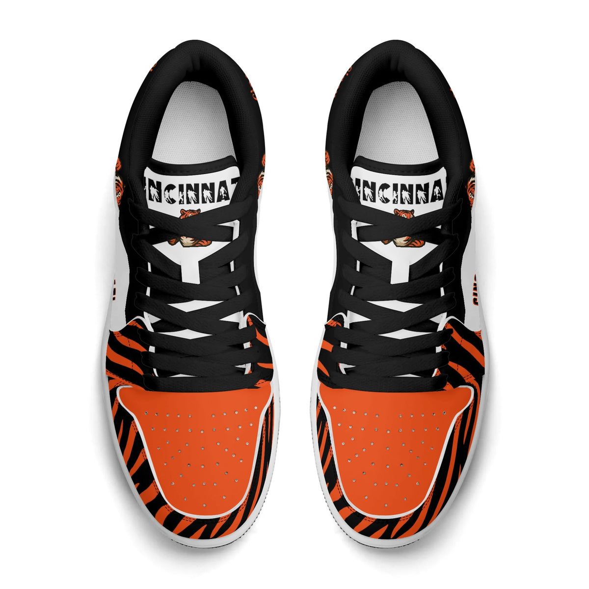 Top view of Cincinnati football low tops with black laces and Cincinnati on the tongue