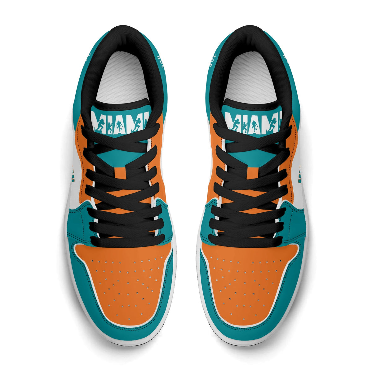 Top view of Miami football low tops with black laces and Miami on the tongue