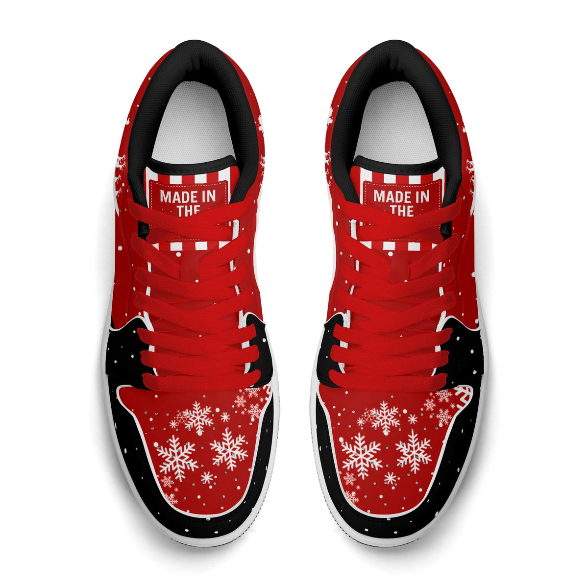 Top view of Santa suit Christmas low tops with red laces and a candy-cane striped tongue