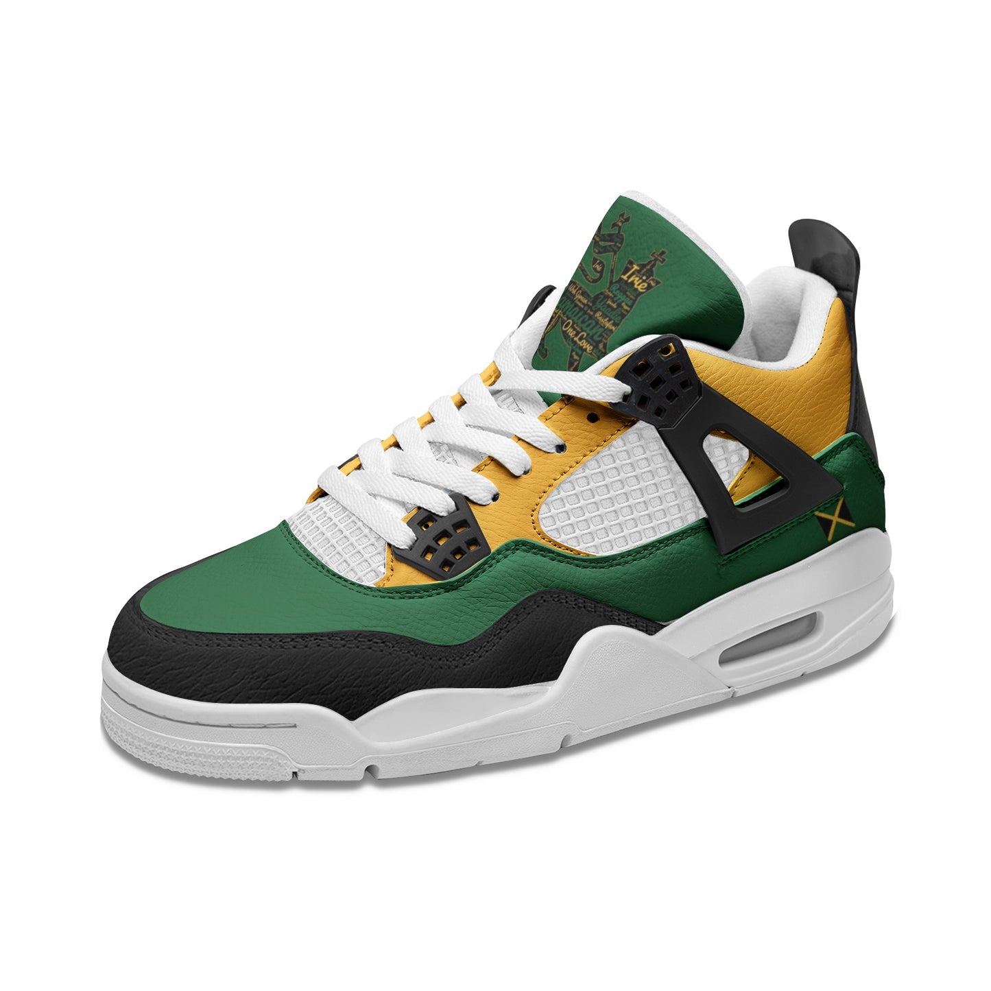 Jamaica Lion Of Judah Shoes with lion graphic in black/green/gold colorway