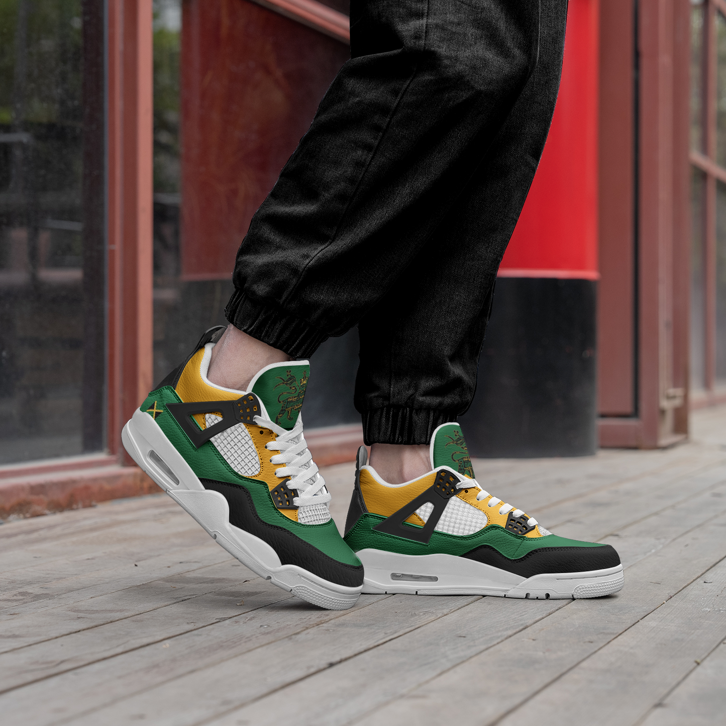 Jamaica Lion Of Judah Shoes with lion graphic in black/green/gold colorway