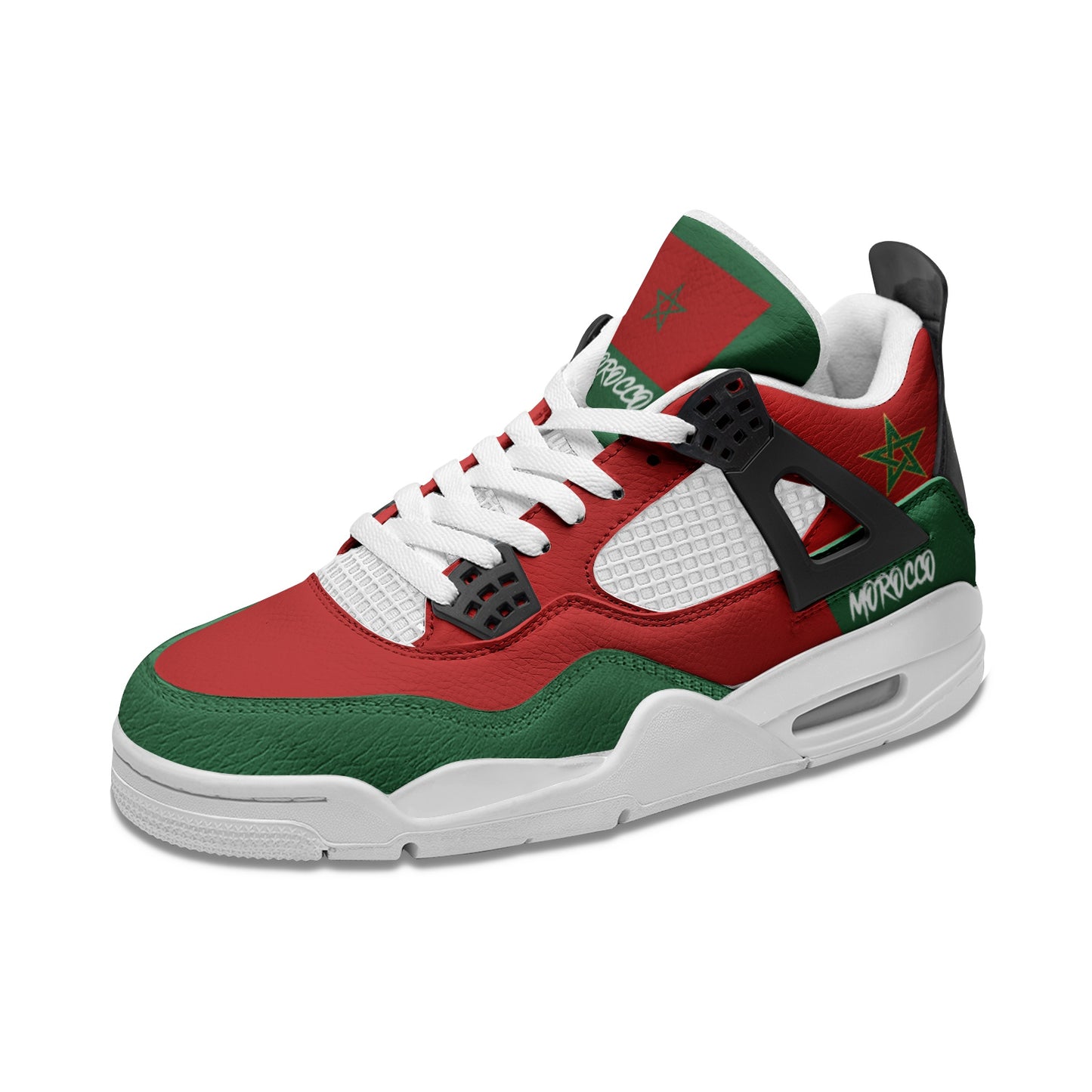 Morocco Flag Shoes - Rebel Sole mid top sneaker in Red, Green - left side profile view