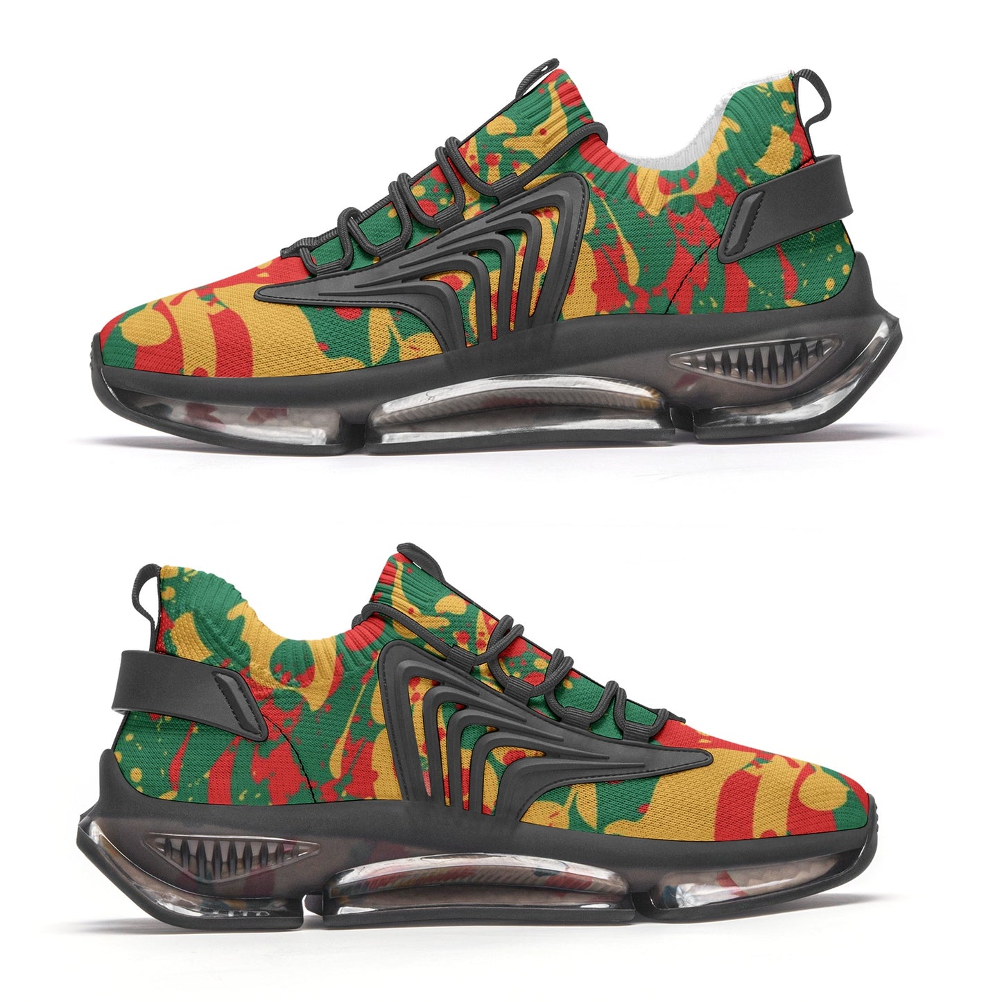 Rasta Mens Shoes, Womens Rasta Shoes, Jamaican Colors Shoes on a white background as a product image.