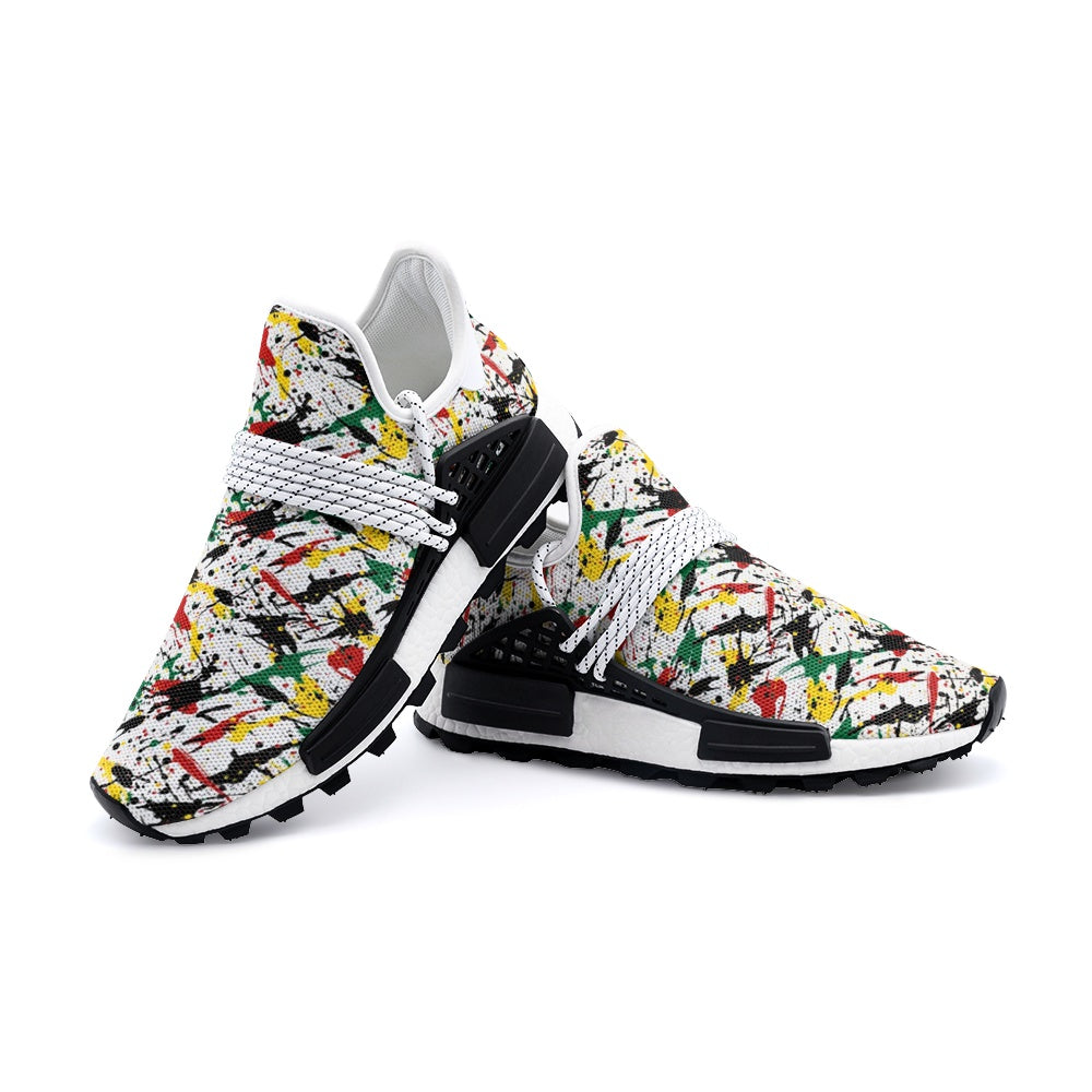 Rasta Paint Splatter Shoes in red/gold/green colorway