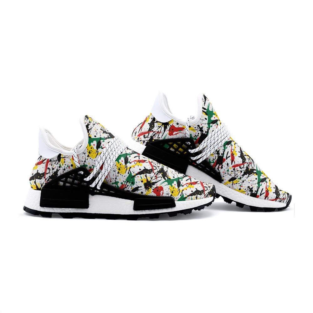 Rasta Paint Splatter Shoes in red/gold/green colorway