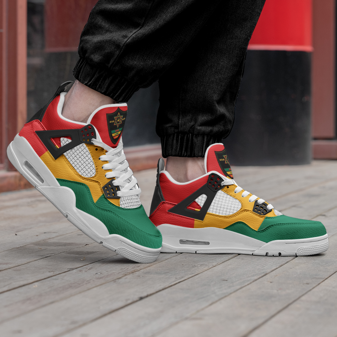 Rasta Mens Shoes, Womens Rasta Shoes, Jamaican Colors Shoes on a white background as a product image.