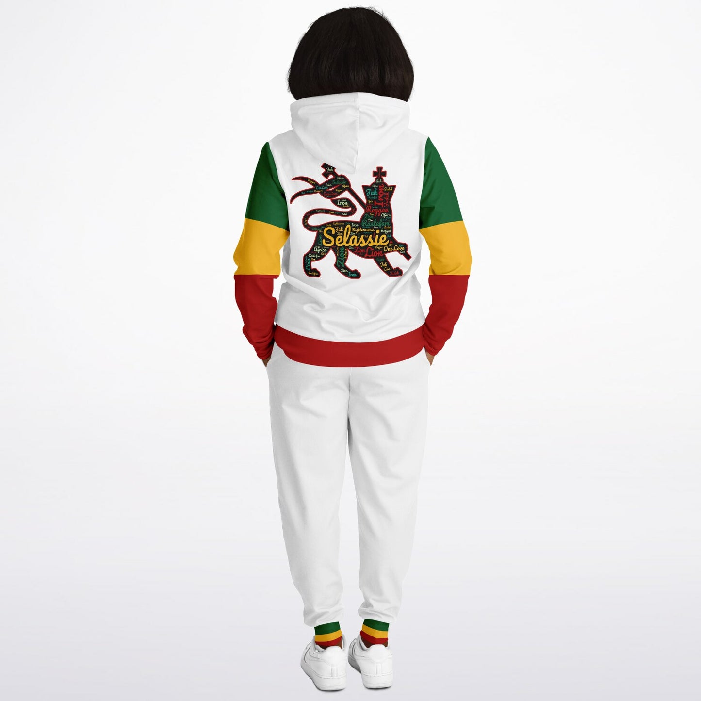 Rasta Lion of Judah Pullover Hoodie & Jogger Set - Ital Trim White - Casual